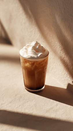Iced coffee with whipped cream in a glass on the table.