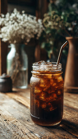 Iced cola with ice cubes in a glass jar on wooden background