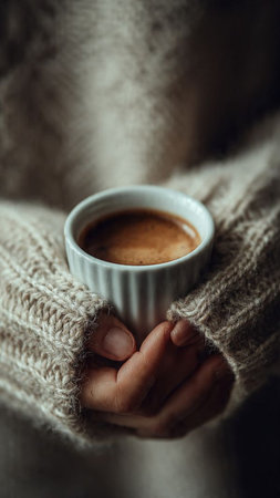 Female hands holding a cup of coffee with warm sweater on background.の写真素材