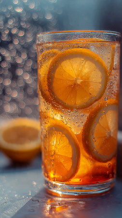 Cocktail with ice, lemon and water drops on blue backgroundの写真素材