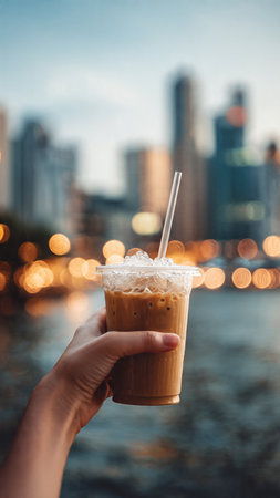 Iced coffee in hand with bokeh background, stock photo