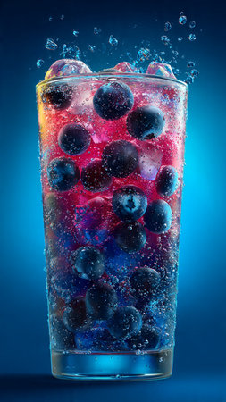 Blueberry drink in glass with ice cubes on blue background, close upの写真素材