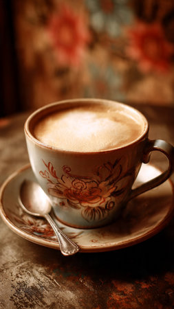 Cappuccino in a cup on a wooden table. Selective focus. Toned.の写真素材
