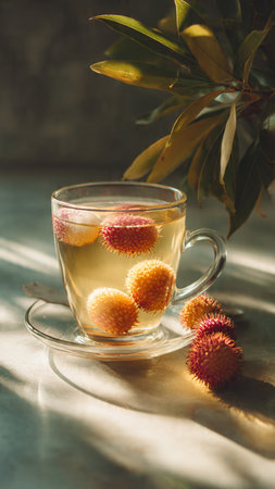 A cup of litchi tea with fresh fruits on the tableの写真素材