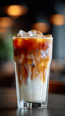 Iced coffee with ice cubes in a glass on the table.