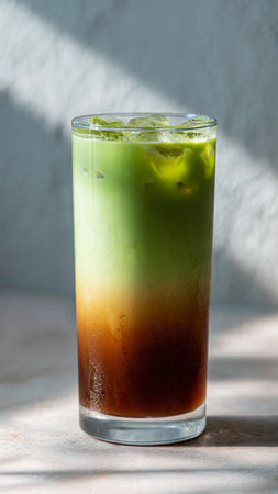 Iced green tea in a glass with ice cubes on concrete backgroundの写真素材