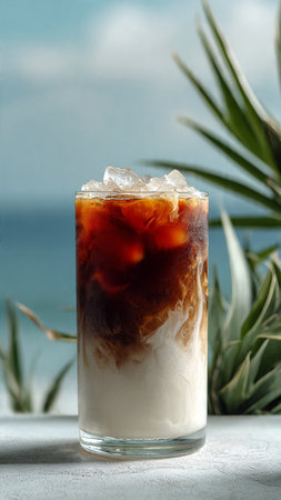 Iced coffee with ice cubes in a glass on the beach.