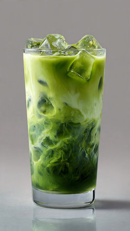 Iced matcha green tea latte with ice in a glassの写真素材