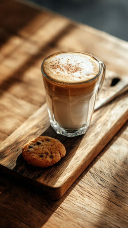 Cappuccino with chocolate chip cookies on a wooden board.の写真素材