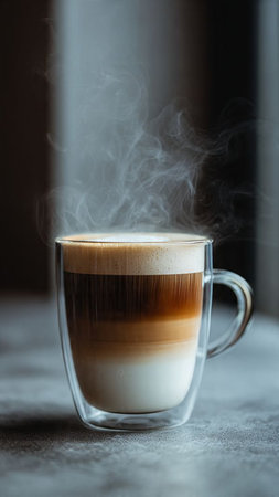 Coffee in a glass cup with smoke on a dark backgroundの写真素材