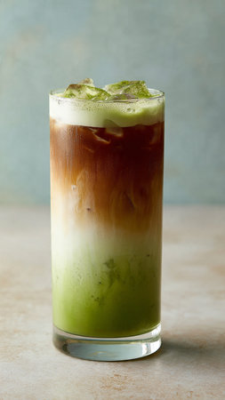 Iced green tea with milk and ice cubes in a tall glassの写真素材