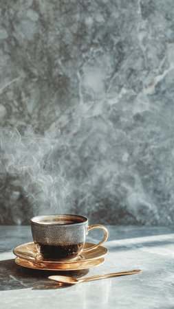 Coffee cup with steam on table. Copy space.の写真素材