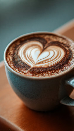 Coffee cup with latte art on wooden table, stock photoの写真素材