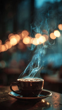 Cup of coffee on the table in the cafe with bokeh backgroundの写真素材