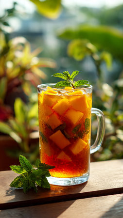 Mango iced tea with mint leaves on a wooden table.の写真素材