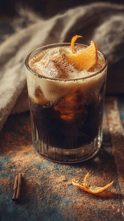 Cuba libre cocktail with orange and cinnamon on dark rustic background