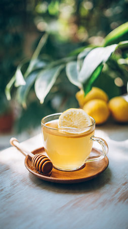 Cup of tea with lemon and honey on a wooden table.の写真素材