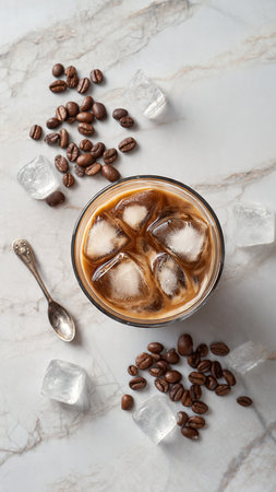Iced coffee with ice cubes and coffee beansle background, top view