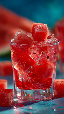 Watermelon juice in a glass with ice cubes on a blue backgroundの写真素材