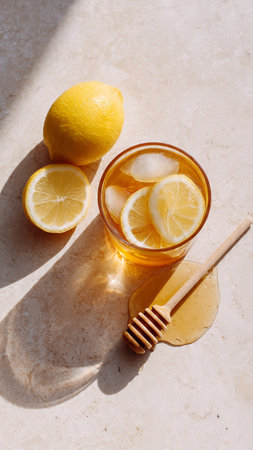 Lemon and honey in a glass jar on a light background with hard shadowsの写真素材