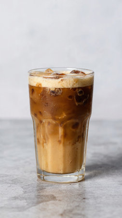 Iced coffee with milk in a tall glass on a gray background
