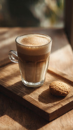 Coffee in a glass cup on a wooden table with cookiesの写真素材