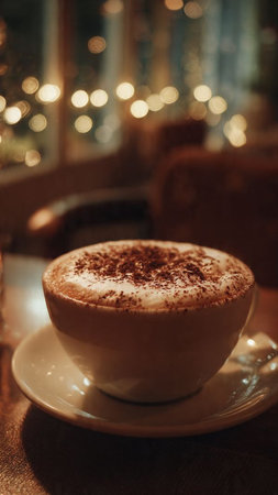 Cappuccino with cocoa powder in a white cup on a wooden tableの写真素材