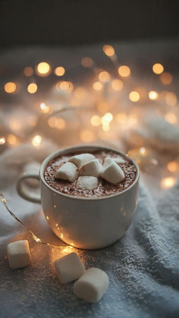 Cup of hot chocolate with marshmallows on blurred lights background