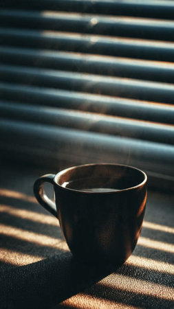 Cup of coffee on the window sill with blinds and sunlightの写真素材