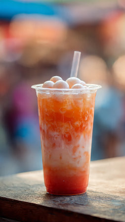 Thai ice tea in plastic cup on wooden table, Thailand.の写真素材