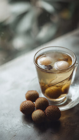Lychee in a glass on the table. Selective focus.の写真素材