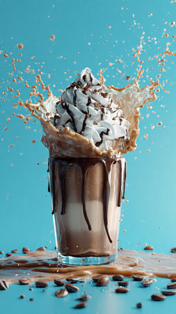 Chocolate milkshake with whipped cream and chocolate drops on blue background