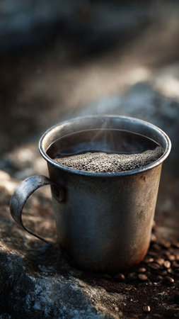 Coffee in a metal mug on a stone in the sunlightの写真素材