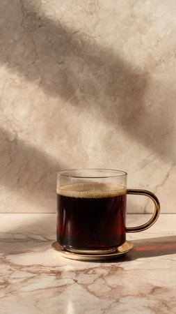 Coffee in a glass cup on a marble table in sunlightの写真素材