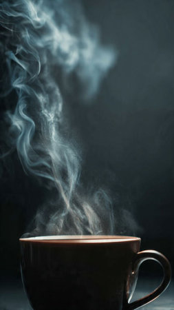 Cup of coffee with steam on dark background. Copy space.の写真素材