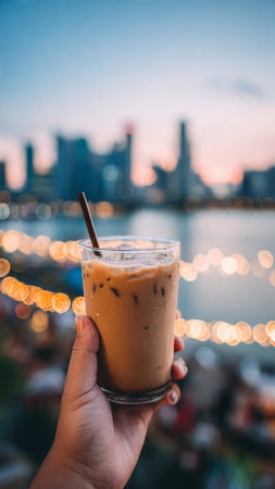 Iced coffee in hand with cityscape background, vintage color toneの写真素材