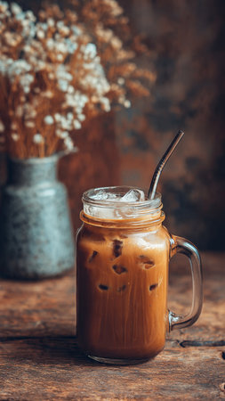 Iced coffee with milk in a glass jar on a wooden background.の写真素材