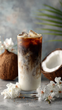 Coconut ice coffee in a tall glass on a gray backgroundの写真素材