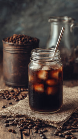 Coffee with ice cubes in glass jar and coffee beans on wooden backgroundの写真素材