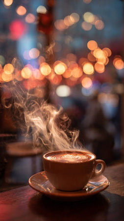 Cup of coffee with bokeh lights on background at nightの写真素材