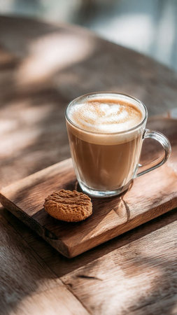 Coffee with cookies on wooden table in coffee shop, stock photoの写真素材