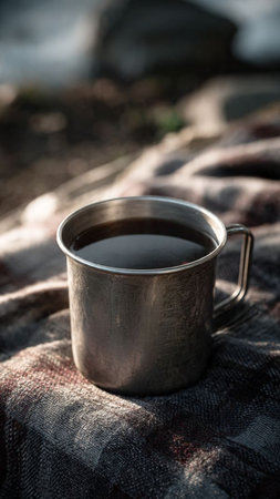 Mug of tea on a plaid in the sunlight. Selective focus.の写真素材