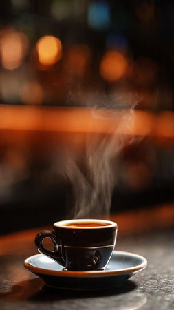 Cup of coffee on a table in a cafe with bokehの写真素材