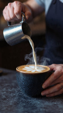 Barista pouring milk into a cup of coffee, close-upの写真素材