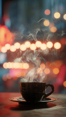 Cup of coffee on the background of the night city lights.の写真素材