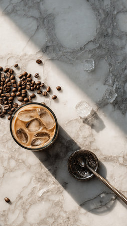 Coffee in a glass with ice and coffee beansle background