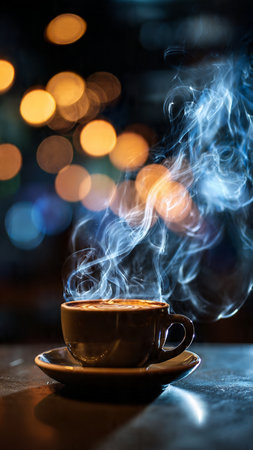 Cup of coffee with smoke and bokeh on the backgroundの写真素材