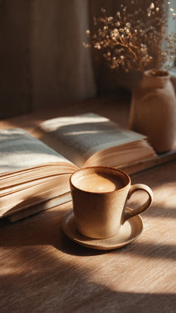 Cup of coffee on wooden table with books and vase in sunlightの写真素材