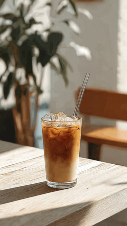 Iced coffee in a glass on a wooden table in a cafeの写真素材