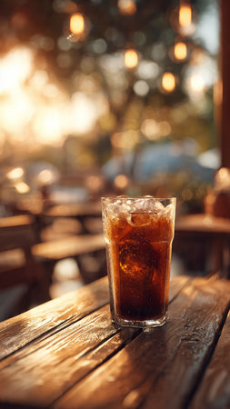 Iced cola in a glass on a wooden table in a cafeの写真素材